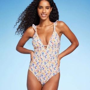 NWT Women Swim | Ruffle Shoulder Plunge One Piece Swimsuit Shade & Shore